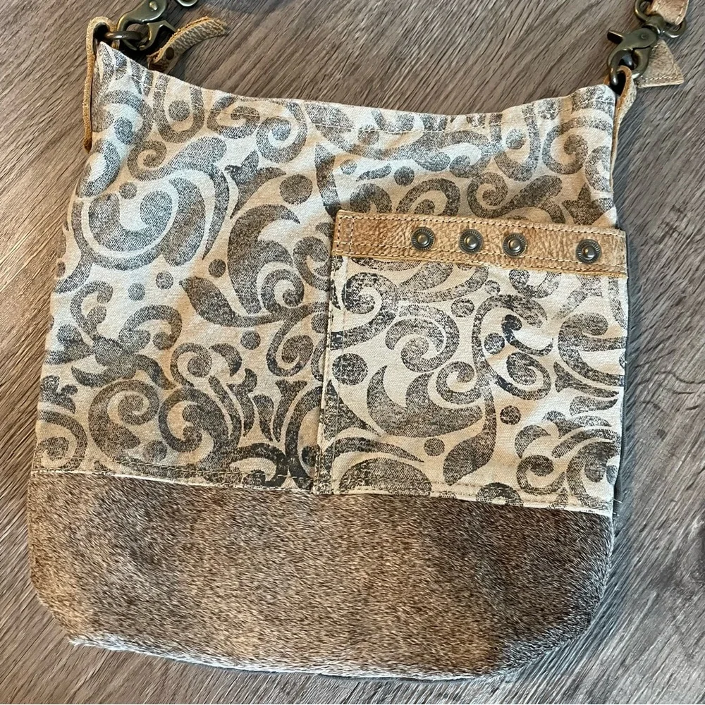 MYRA BAG Tan & Gray Printed Canvas Cow Hide Leather Crossbody Bag